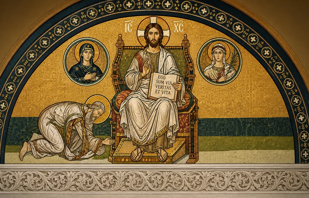 Cristo Pantocrator, o Verbo entronizado: "Eu sou o caminho, a verdade e a vida" (Jo 14:6). Ilustração inspirada na tradição bizantina dos mosaicos de Cristo em majestade.